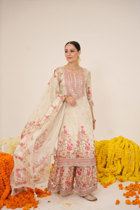 CHINON FABRIC DIGITAL PRINT FLORAL SHARARA OFF WHITE COLOUR