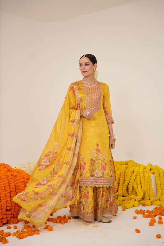 CHINON FABRIC DIGITAL PRINT YELLOW SHARARA SET